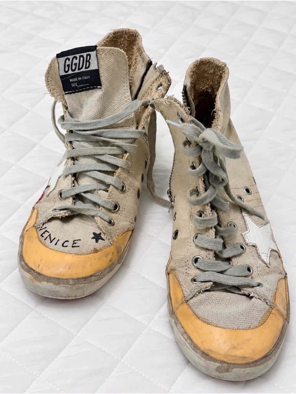 Golden Goose Beige Canvas High-Top Sneakers with Yellow Toe Caps